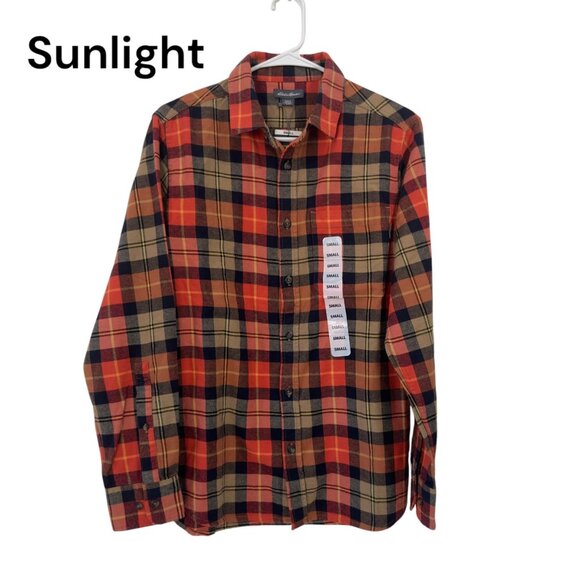 Eddie Bauer Mens Small Plaid Flannel Button Down Shirt Orange/Black/Beige - Picture 1 of 11